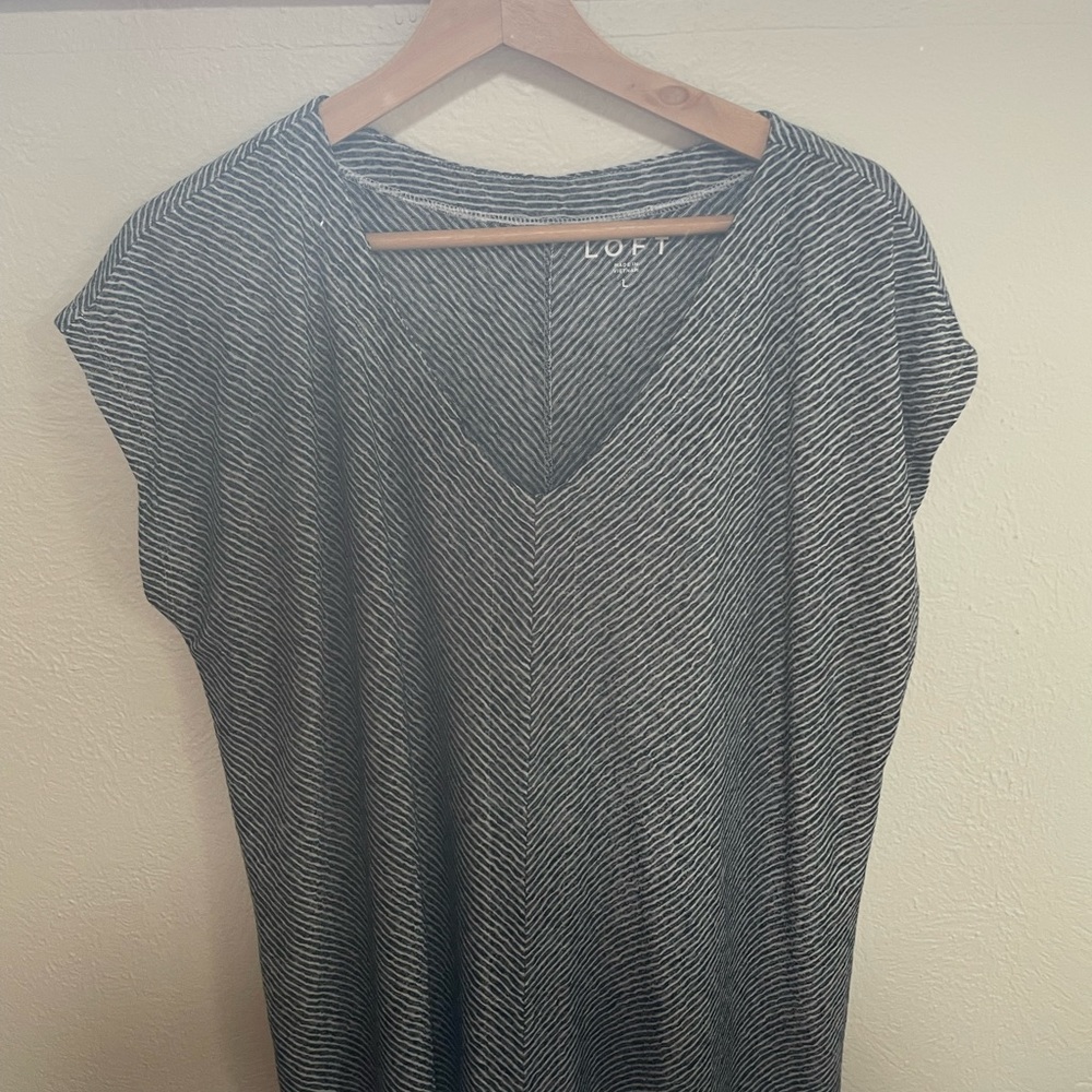 LOFT Striped White and Navy Top - Linen Feel